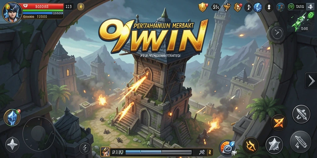 Screenshot gameplay 9WIN menunjukkan pertahanan menara yang aktif menghadapi gelombang musuh.