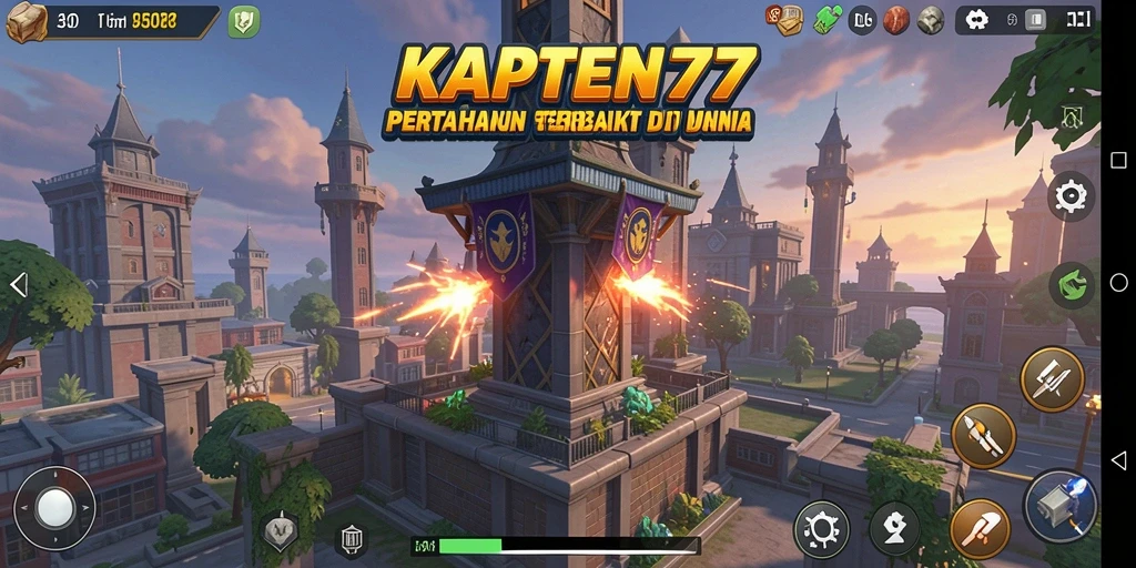 Tampilan gameplay KAPTEN77 dengan menara yang siap bertempur.