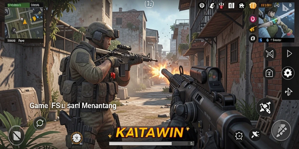 Screenshot utama KATAWIN menampilkan aksi mendebarkan dalam game FPS.