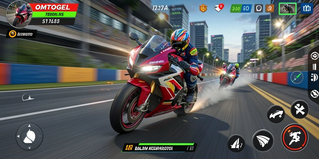 Screenshot gameplay OMTOGEL menampilkan balapan motor yang seru dan mendebarkan.