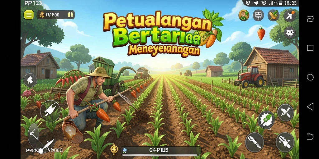 Tampilan gameplay menarik dengan pemandangan ladang yang subur.