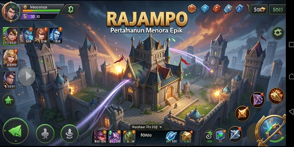 Screenshot gameplay RAJAMPO menunjukkan pertahanan menara yang strategis.